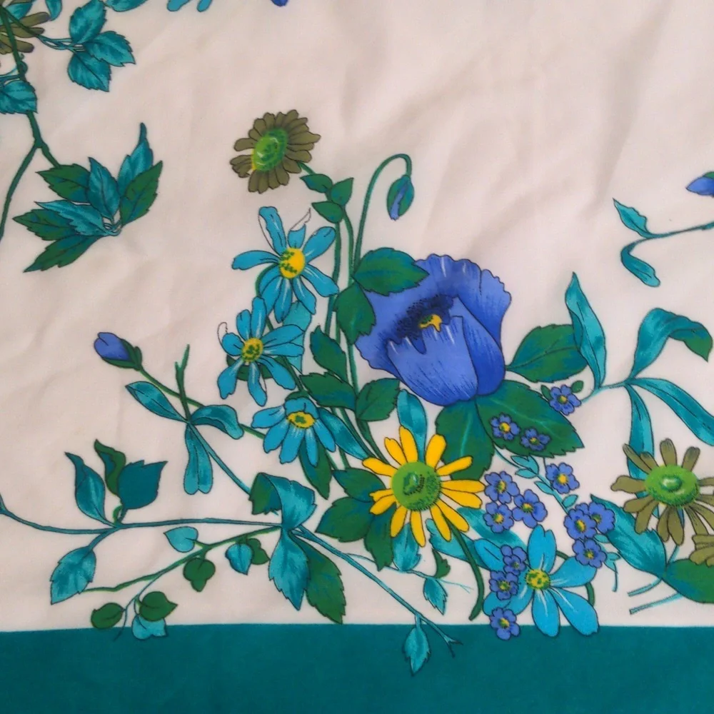 Vintage 60s Floral Scarf Italy Teal and White Garden Cottagecore Spring Summer